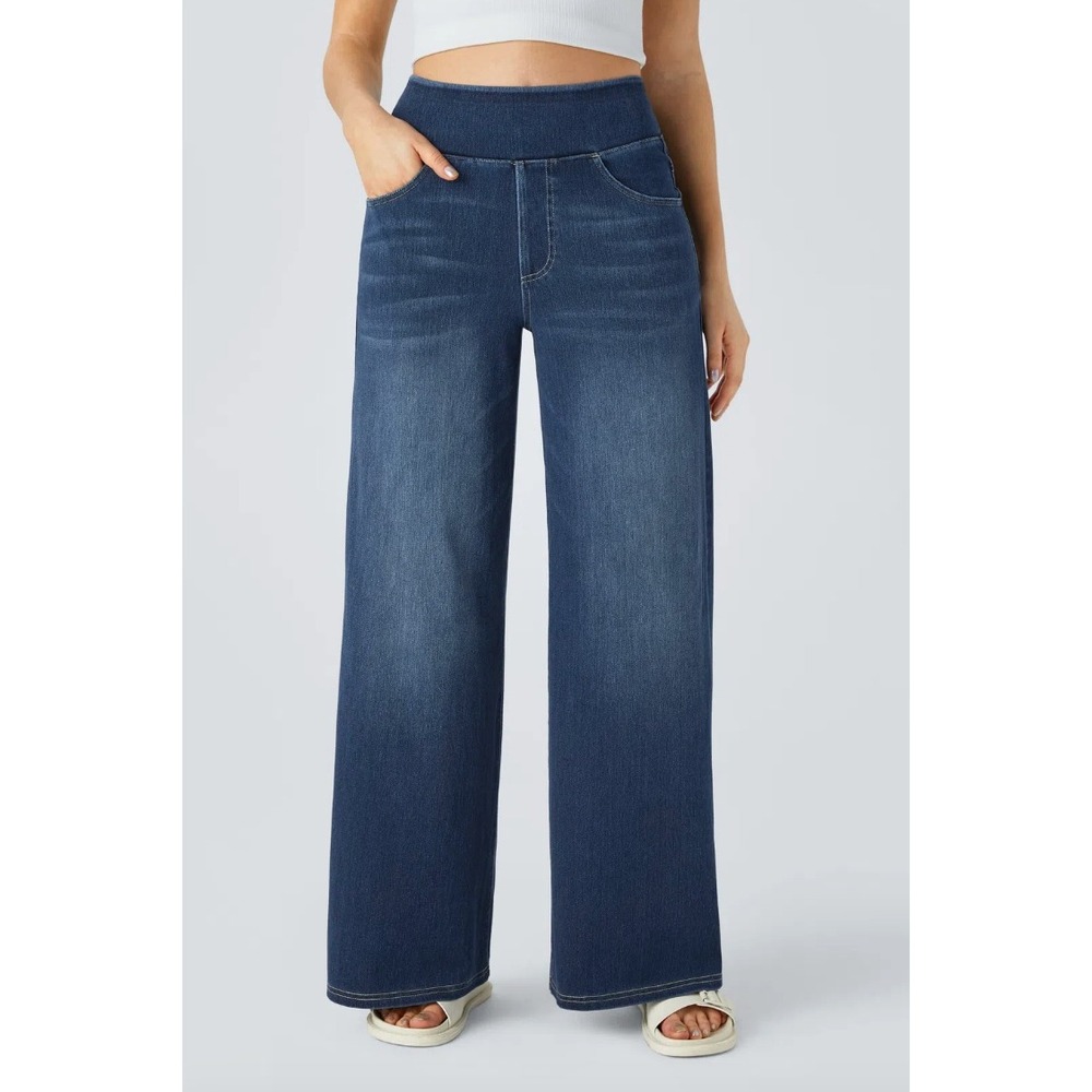 Halara Flex™ High Waisted Pockets Baggy Wide Leg Washed Casual Jeans Womens Lrg